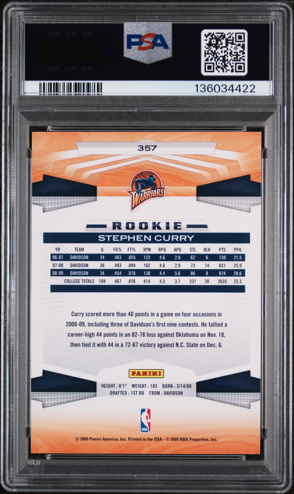 2009 Panini Stephen Curry #357 PSA 9