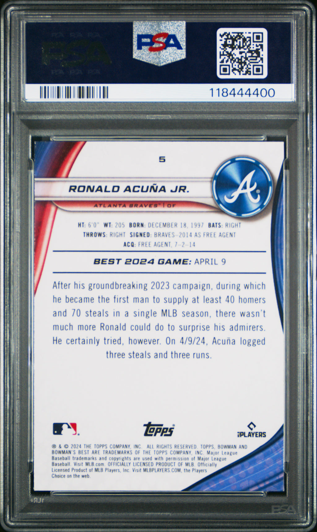 2024 Bowman's Best Ronald Acuna JR. #5 Mini Diamond PSA 10