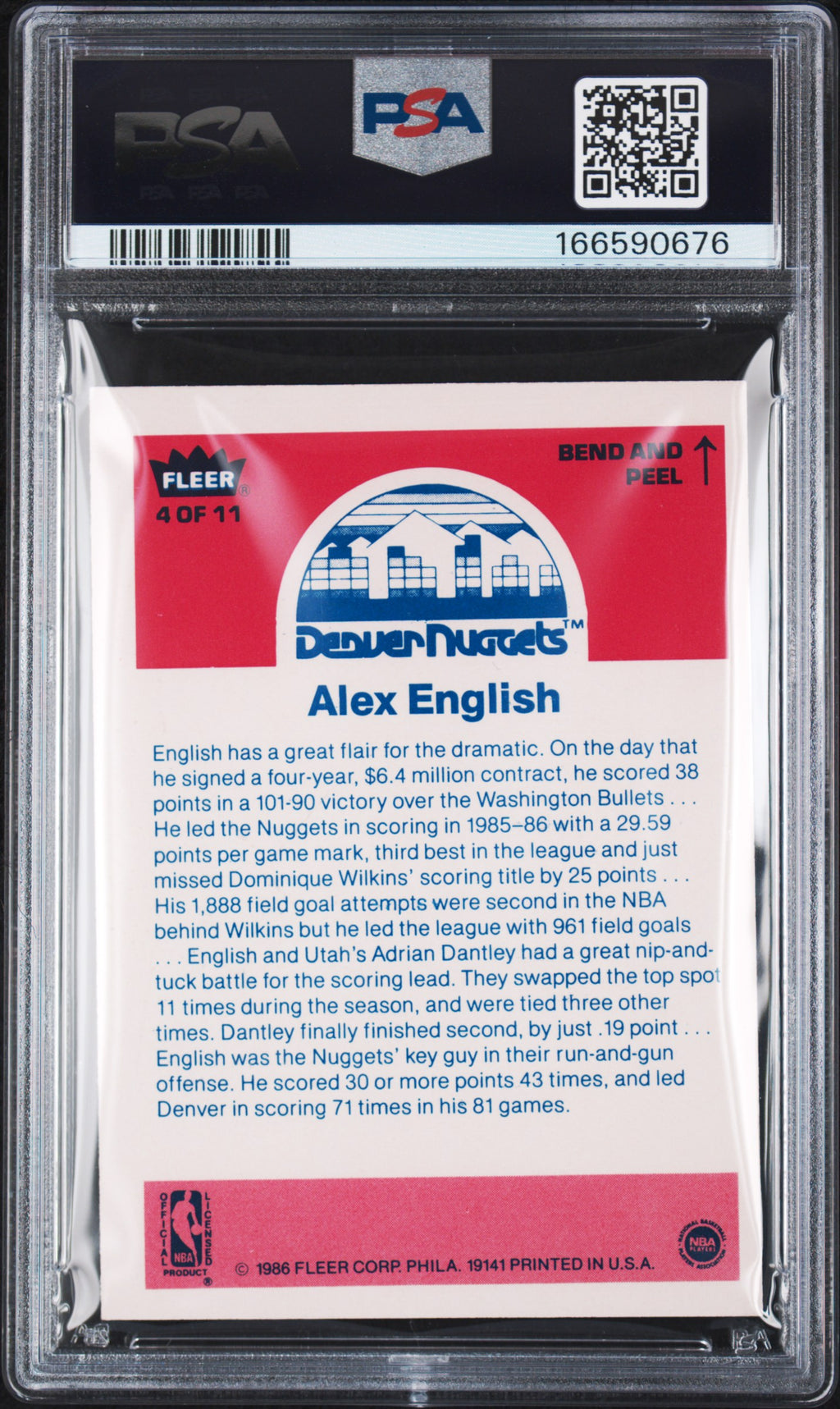 1986 Fleer Sticker Alex English #4