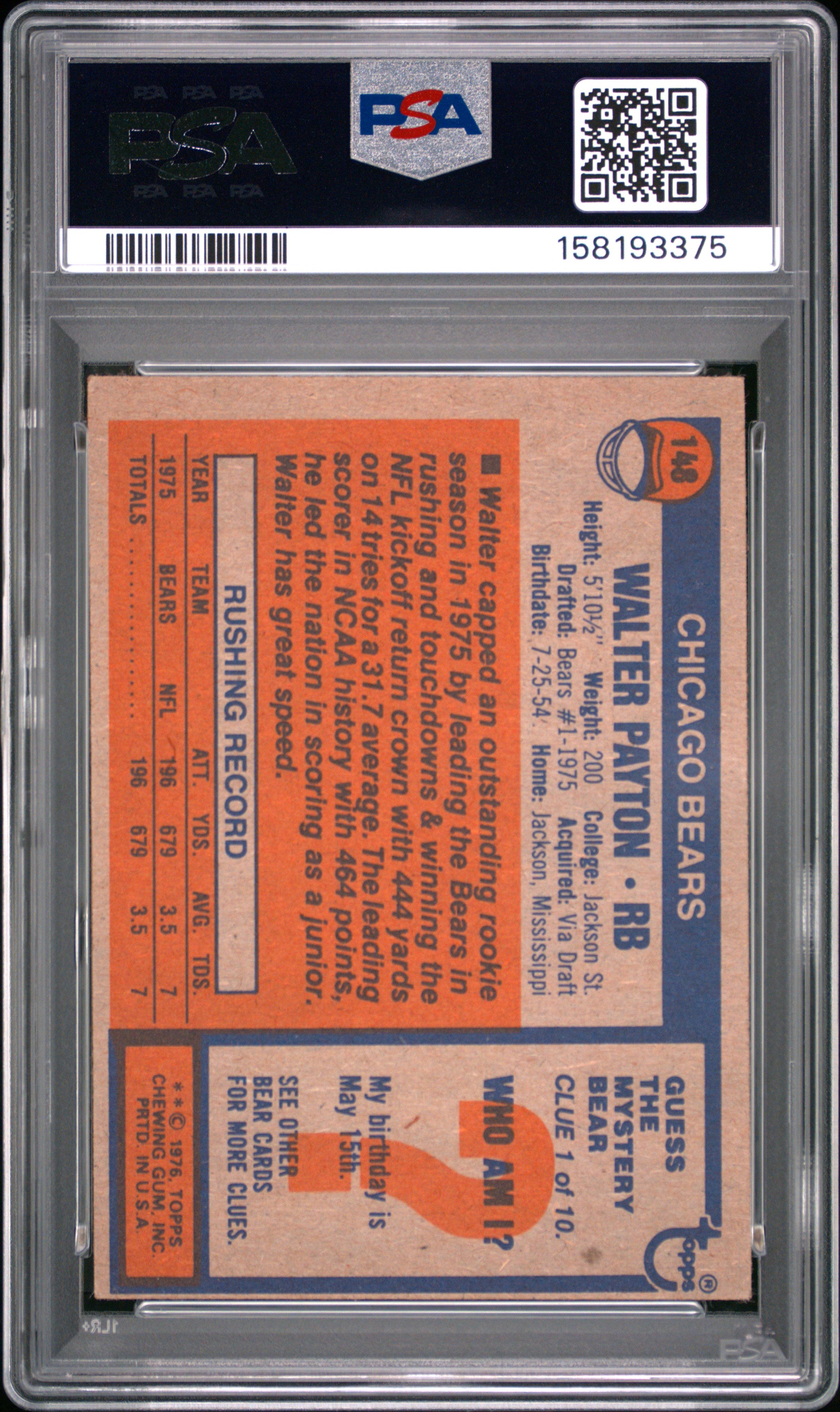 1976 Topps Walter Payton #148 PSA 4