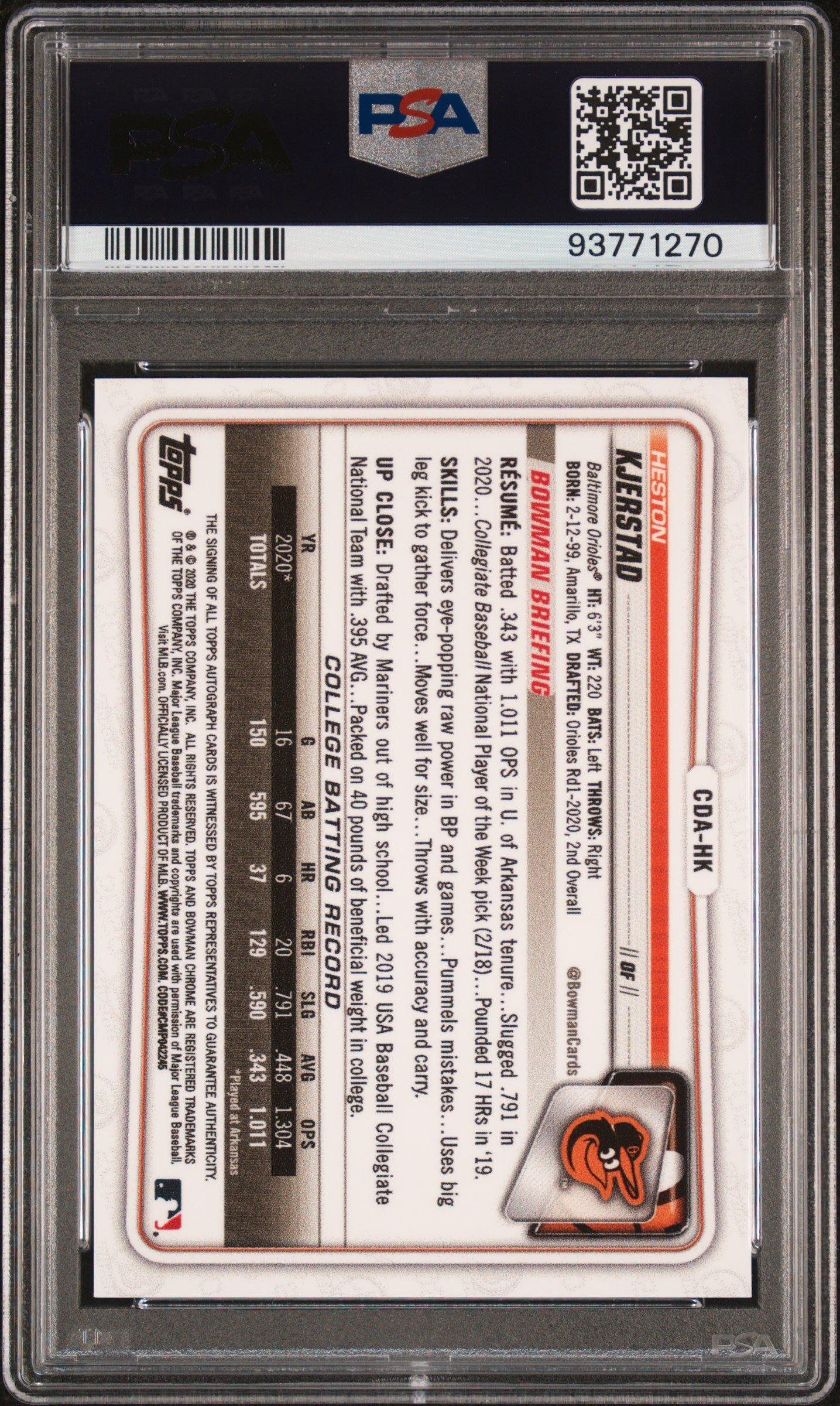 2020 Bowman Draft Chrome Autographs Heston Kjerstad Purple Refractor /99 PSA 10