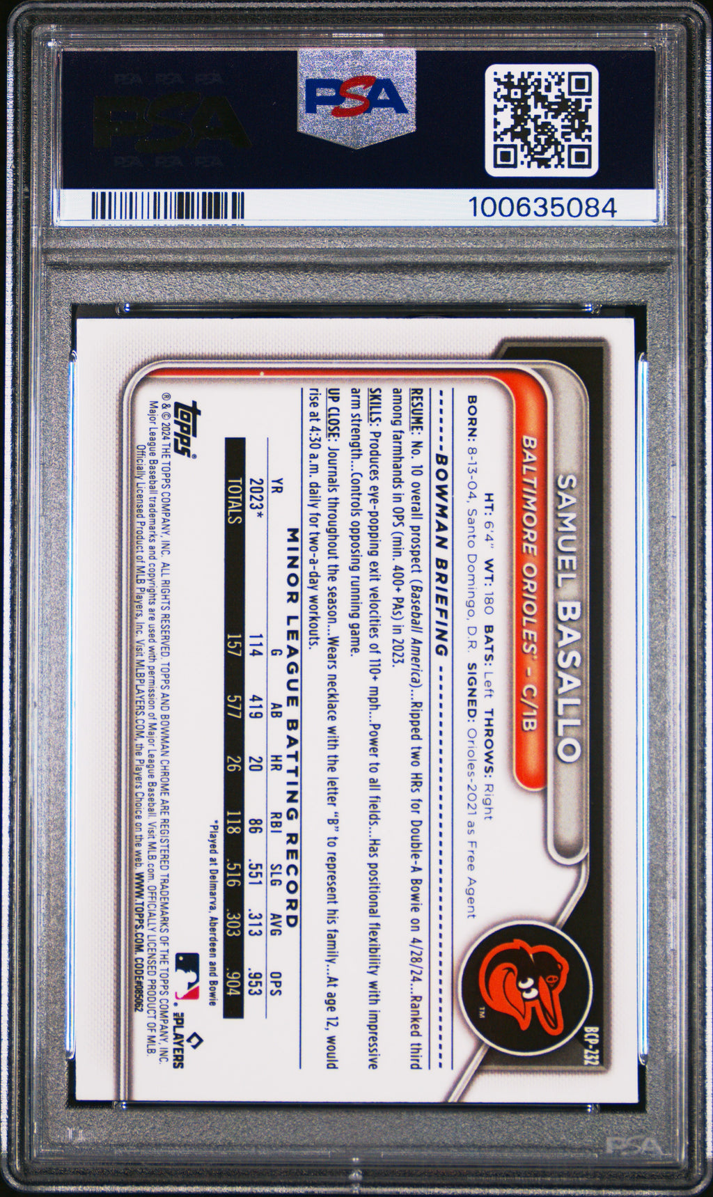 2024 Bowman Chrome Prospects Samuel Basallo #BCP232 Speckle Ref /299 PSA 10