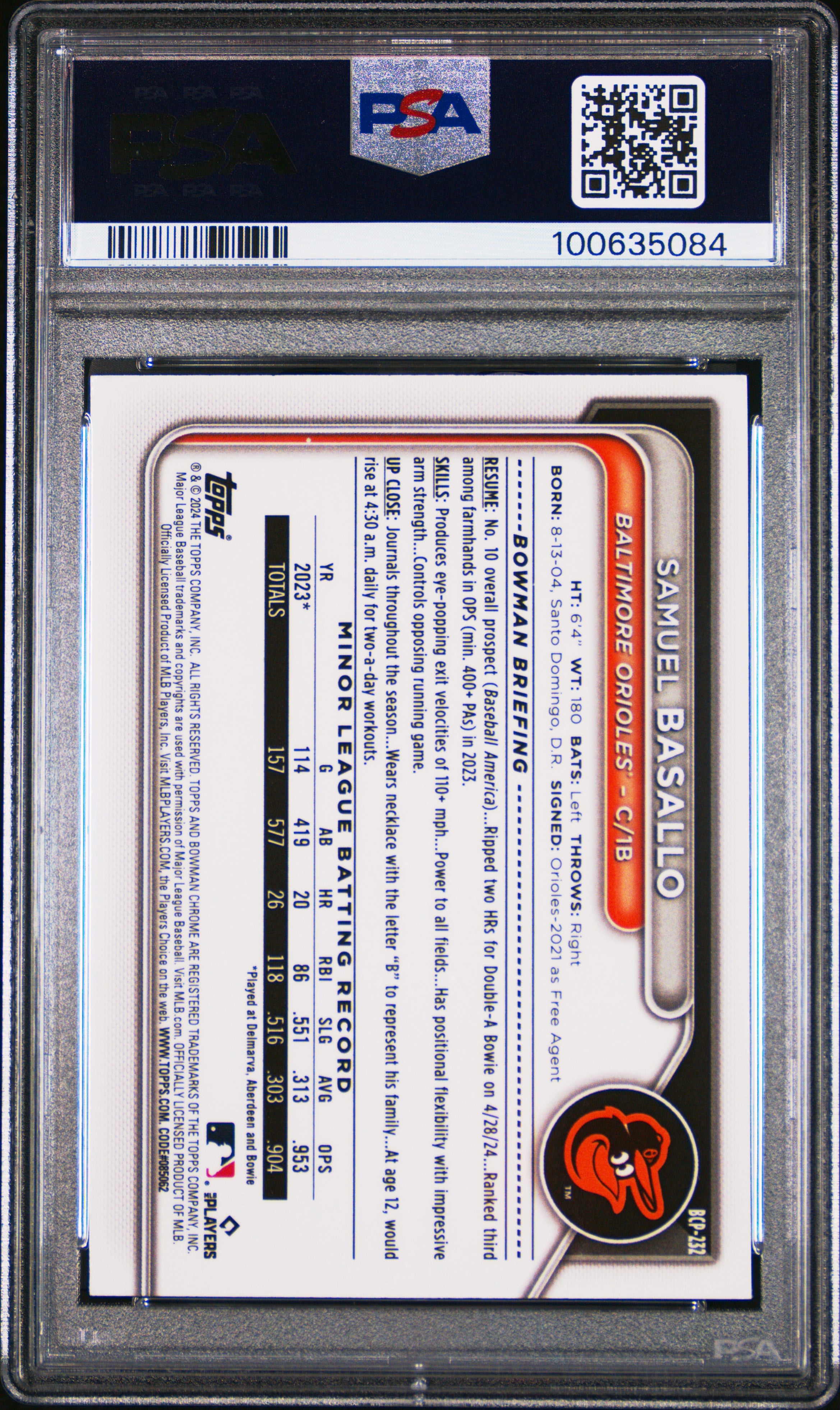 2024 Bowman Chrome Prospects Samuel Basallo #BCP232 Speckle Ref /299 PSA 10