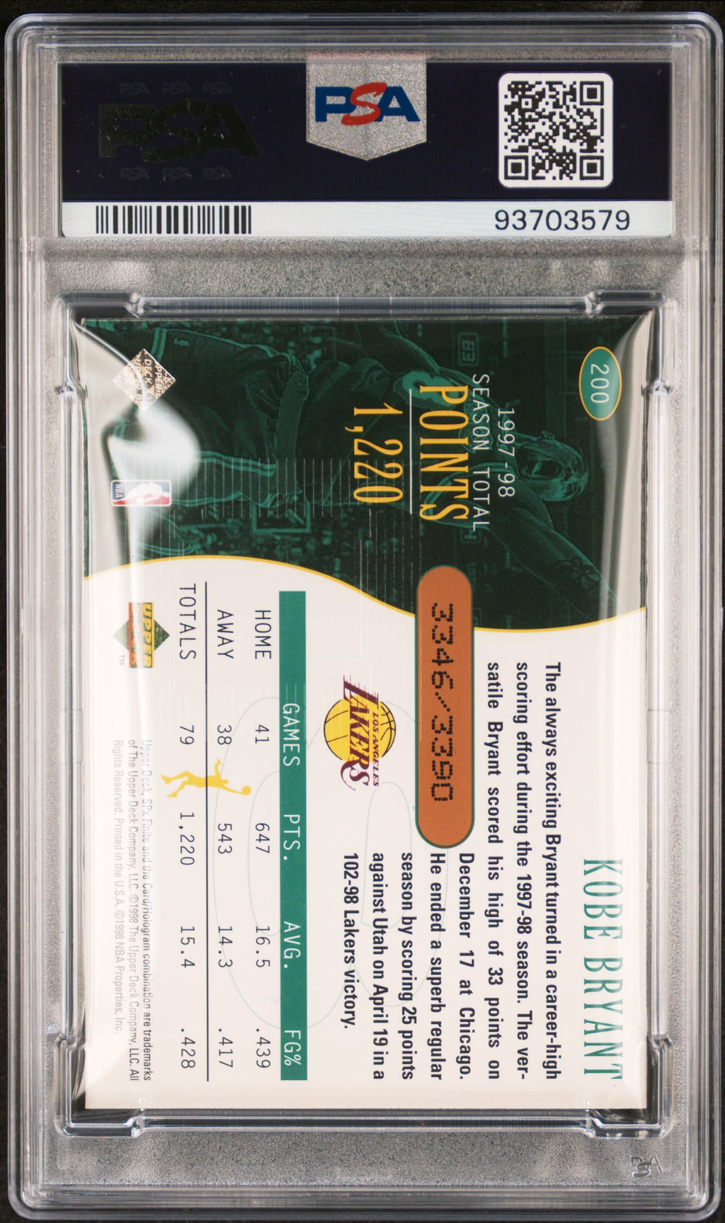 1998 SPX Finite Kobe Bryant #200