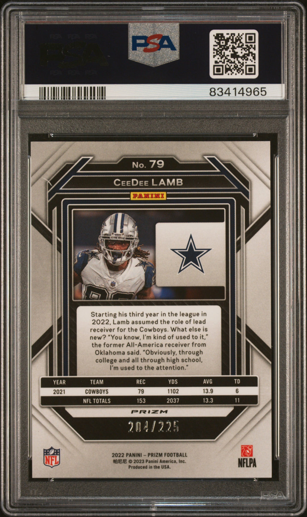 2022 Panini Prizm Ceedee Lamb #79 Purple Ice PSA 10