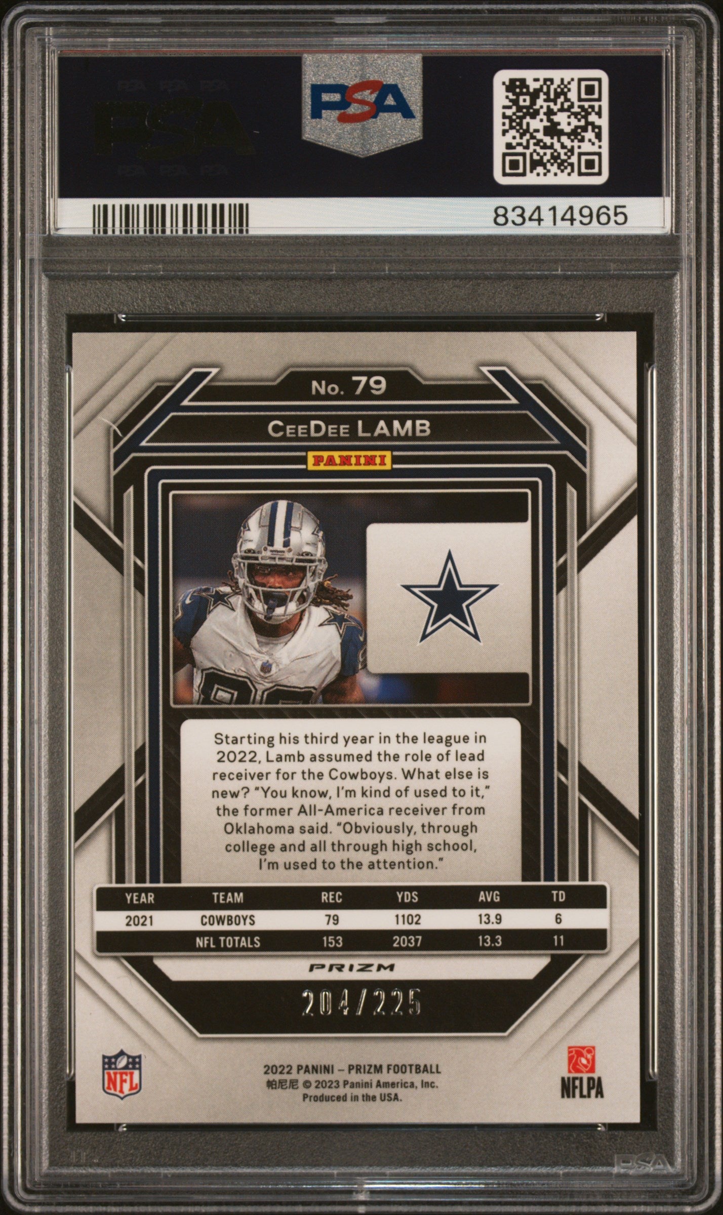 2022 Panini Prizm Ceedee Lamb #79 Purple Ice PSA 10
