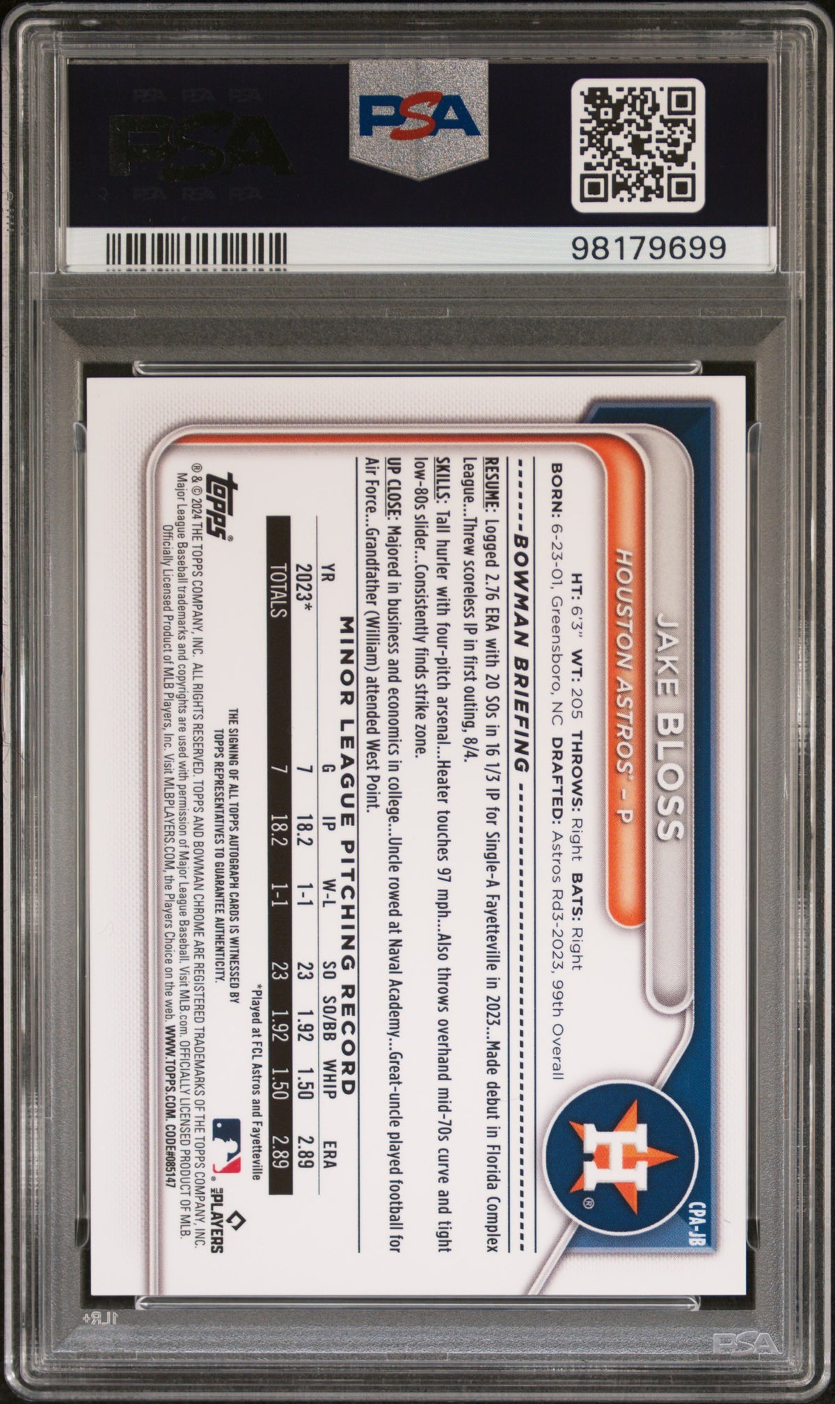 2024 Bowman Chrome Prospect Autographs Jake Bloss #CPAJB Prspct Diamond Ref /100