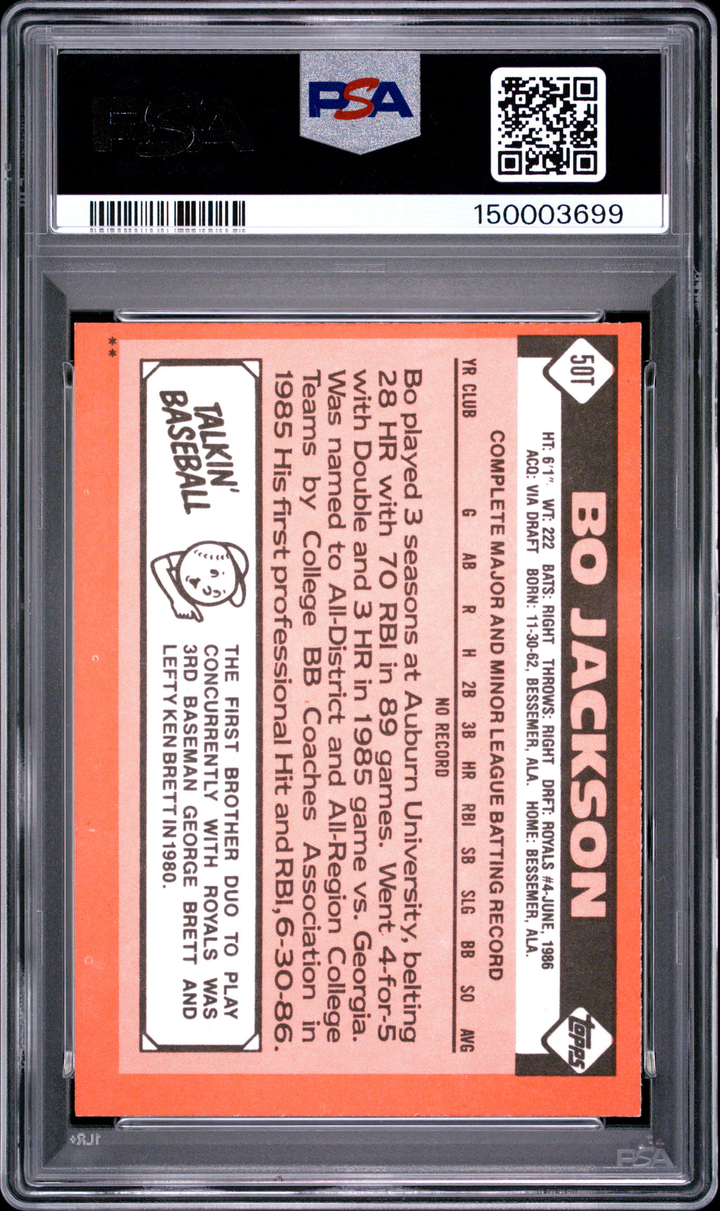 1986 Topps Traded Bo Jackson #50T PSA 7