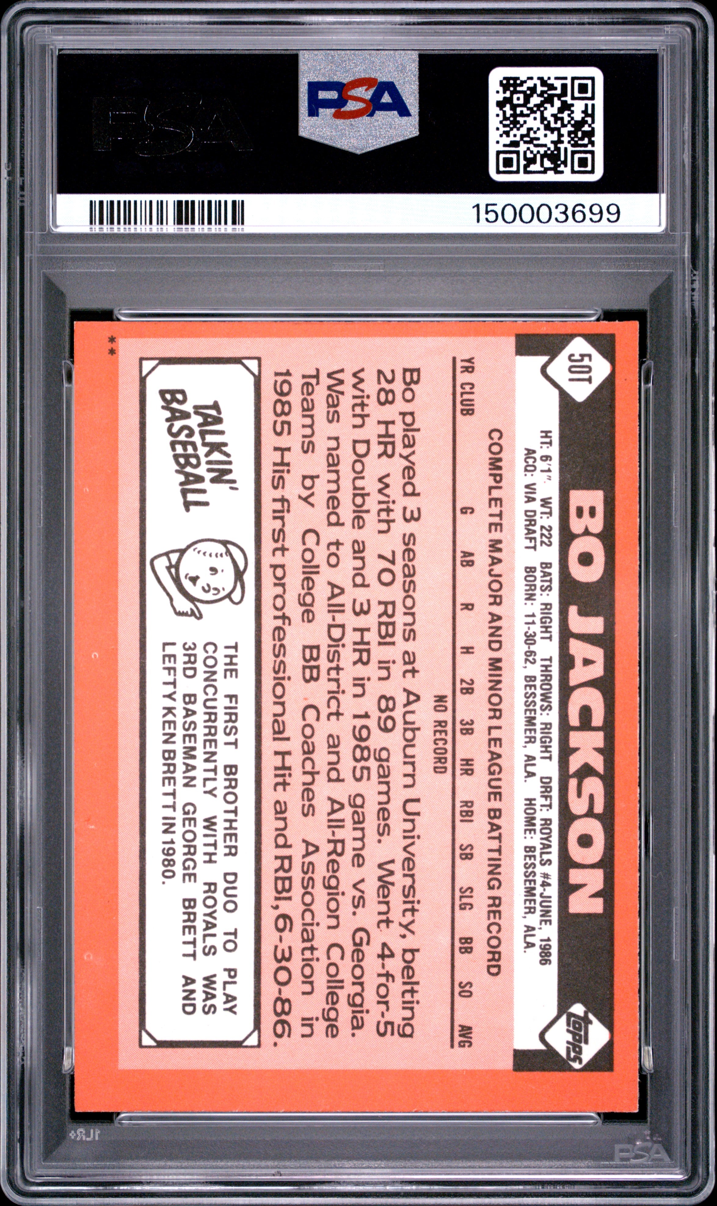 1986 Topps Traded Bo Jackson #50T PSA 7