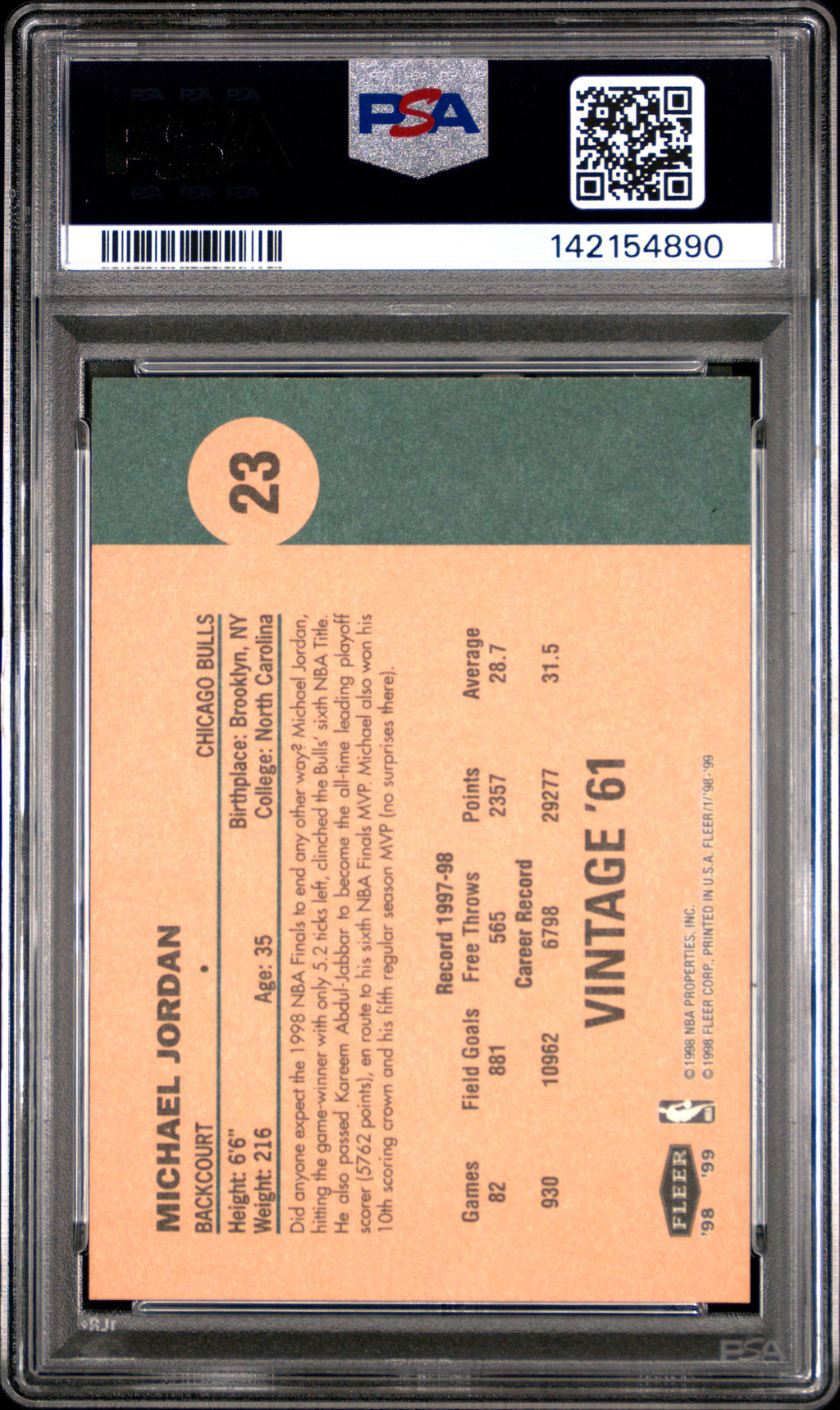 1998 Fleer Tradition Vintage '61 Michael Jordan #23 PSA 9