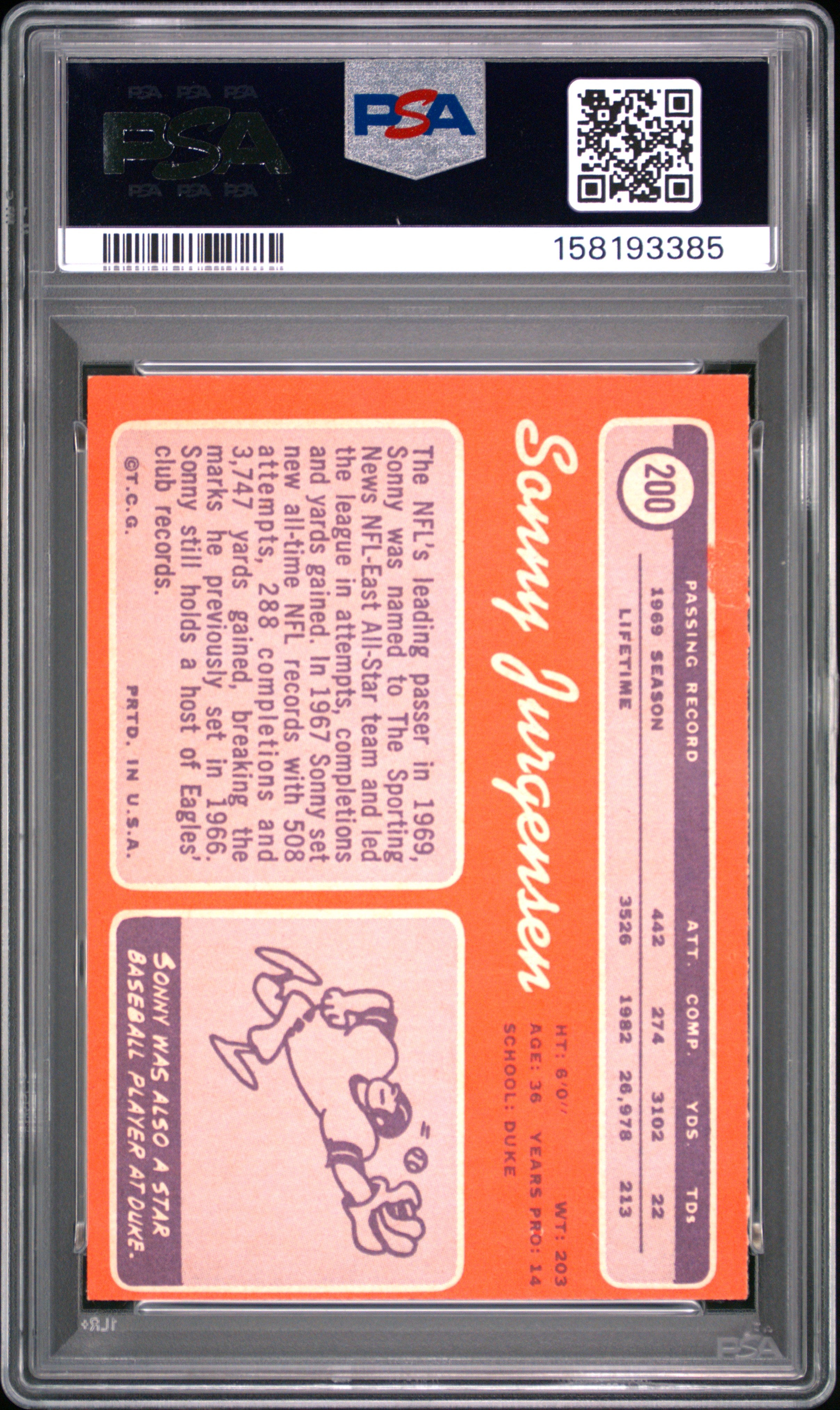 1970 Topps Sonny Jurgensen #200 Oc PSA 8