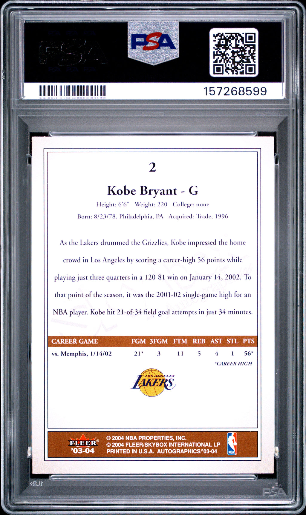 (POP 33) 2003 Skybox Autographics Kobe Bryant #2 PSA 10