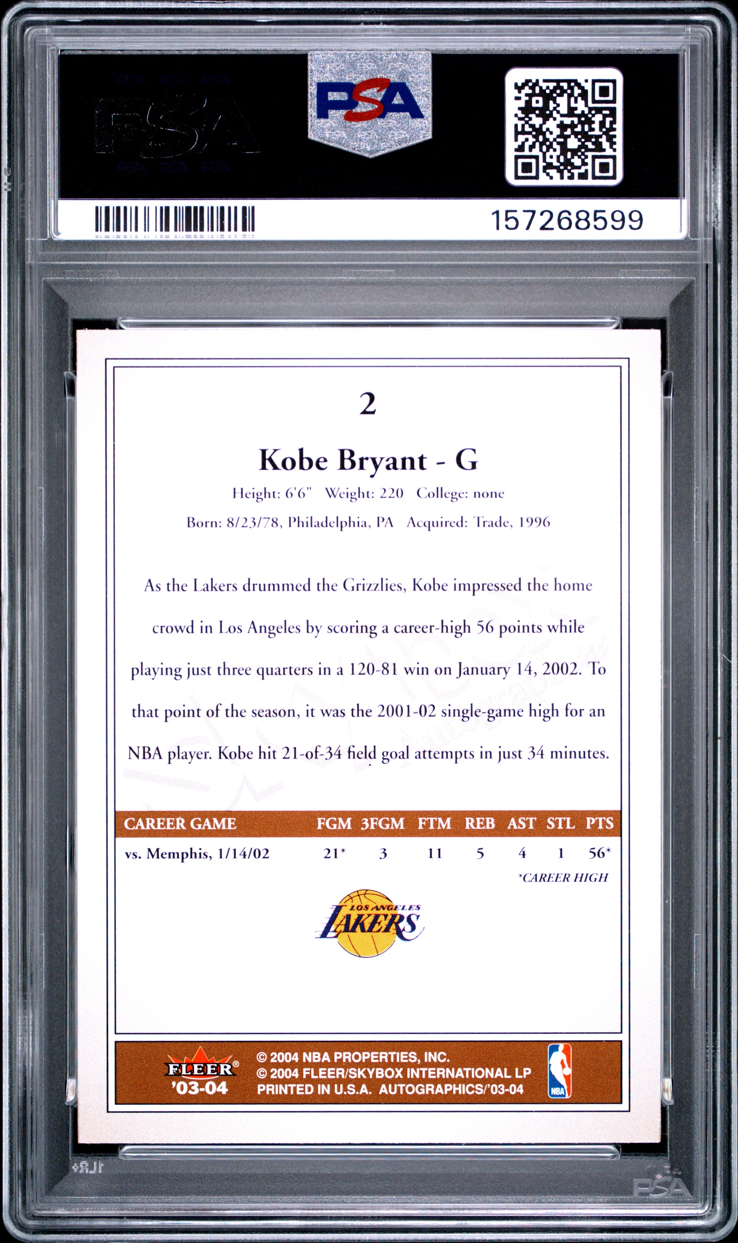 (POP 33) 2003 Skybox Autographics Kobe Bryant #2 PSA 10
