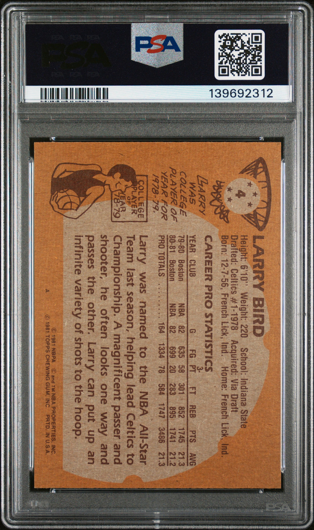 1981 Topps Larry Bird #4 Oc PSA 8 Auto 9