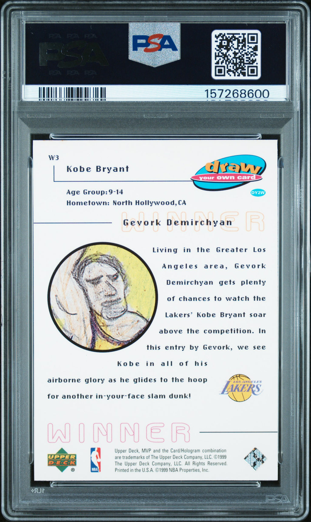 1999 Upper Deck MVP Draw Your Own Card Kobe Bryant #W3 Trad. Card PSA 9