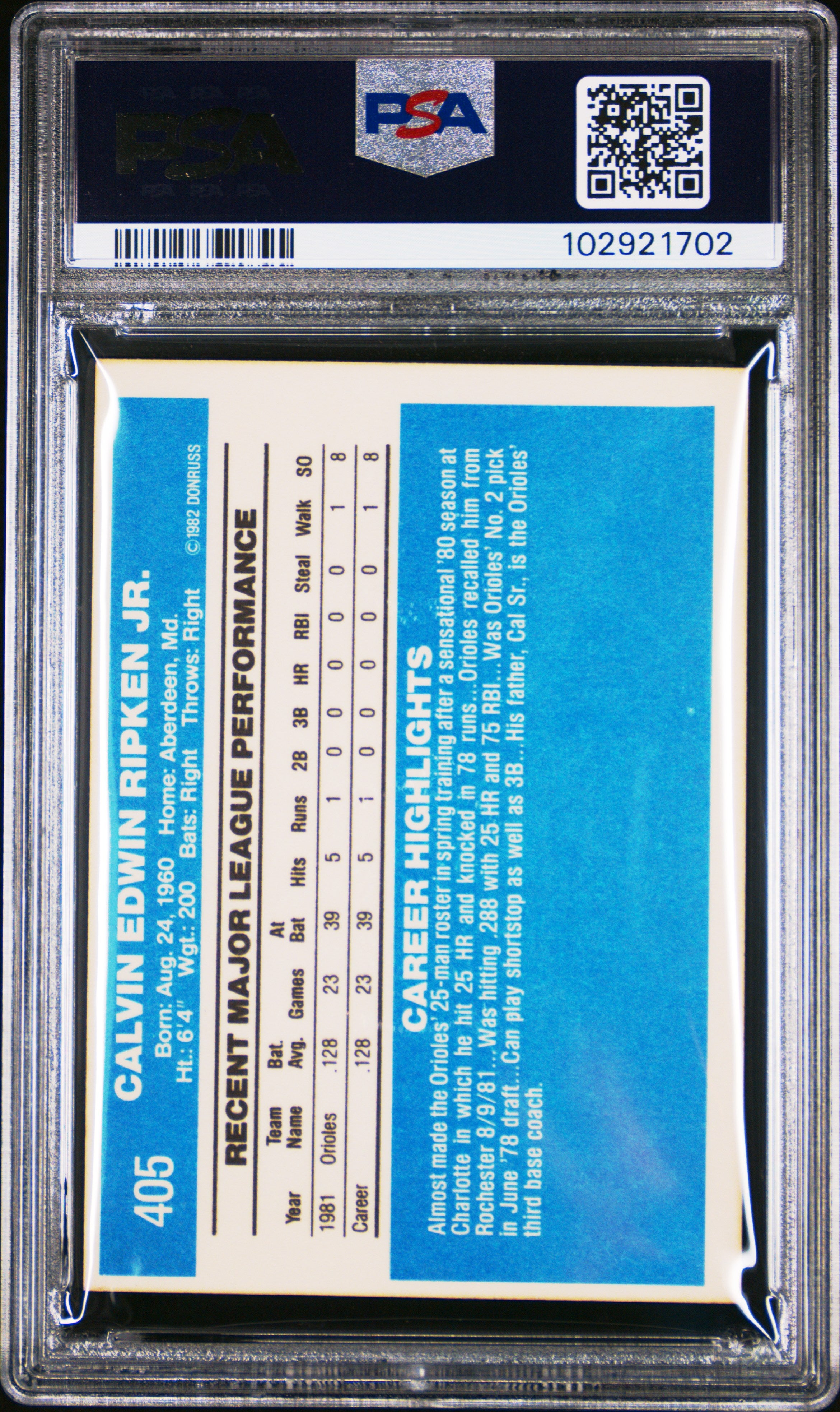 1982 Donruss Cal Ripken JR. #405 PSA 6