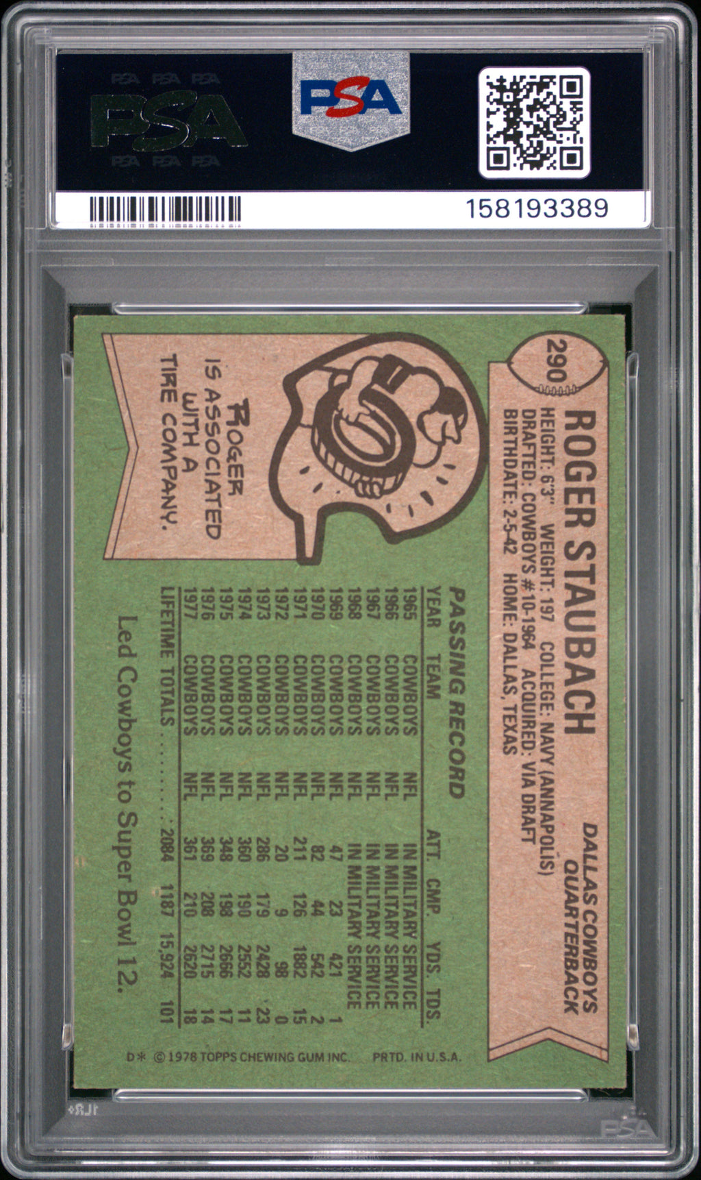 1978 Topps Roger Staubach #290 PSA 8