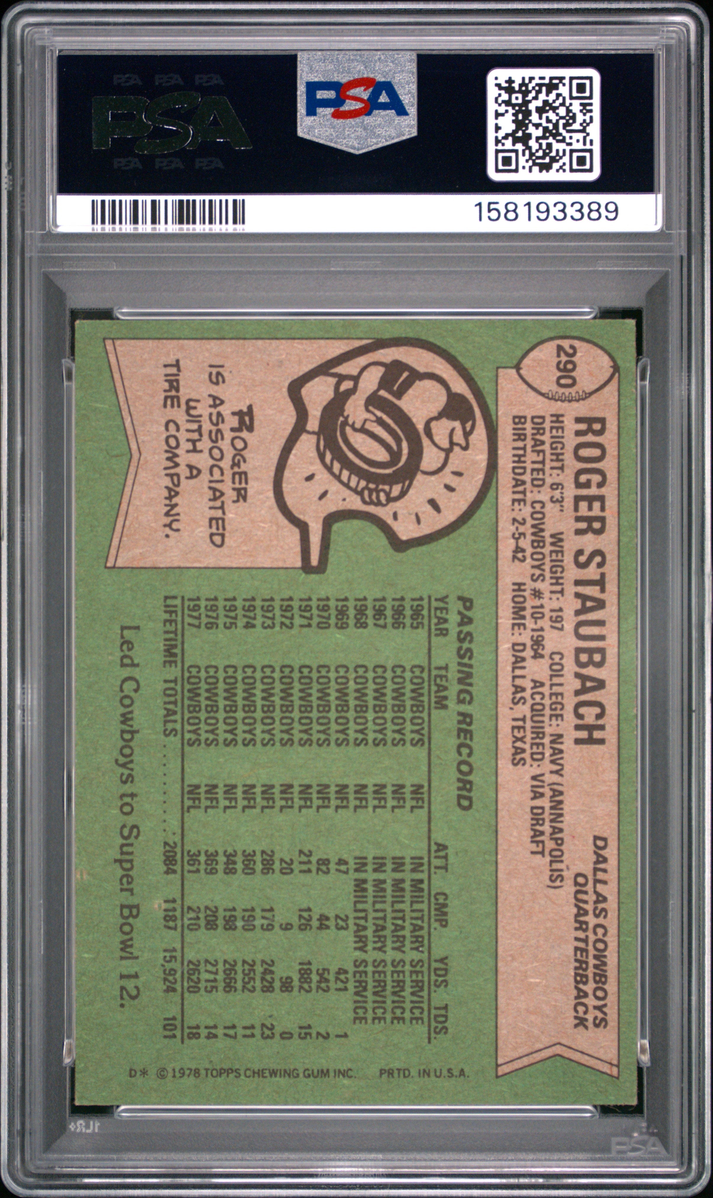 1978 Topps Roger Staubach #290 PSA 8