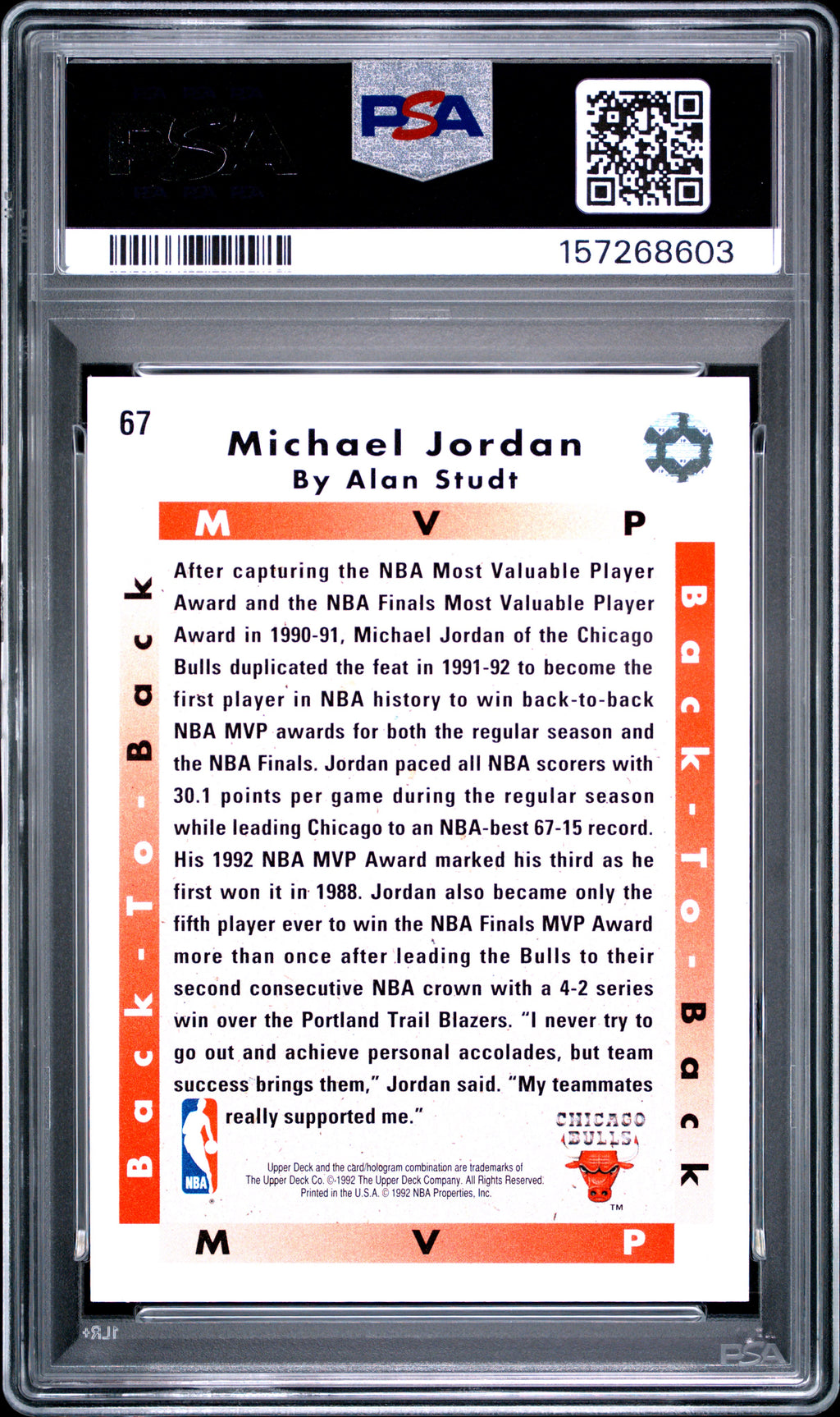 1992 Upper Deck Michael Jordan #67 MVP PSA 8