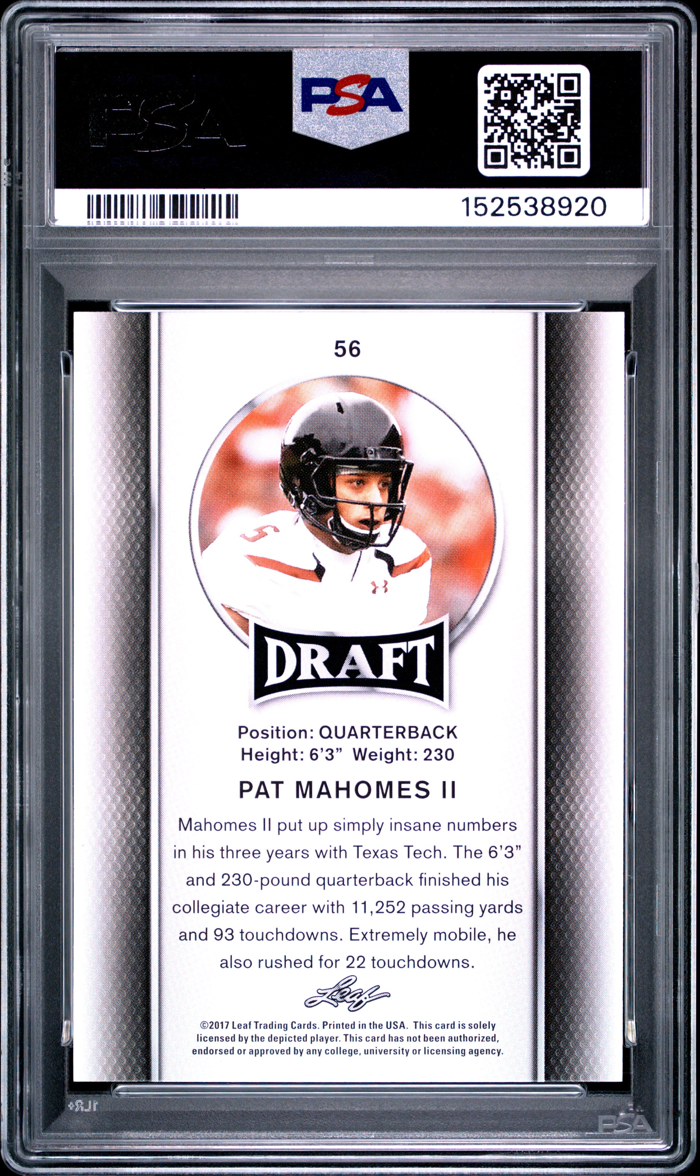 2017 Leaf Draft Pat Mahomes II #56 PSA 8