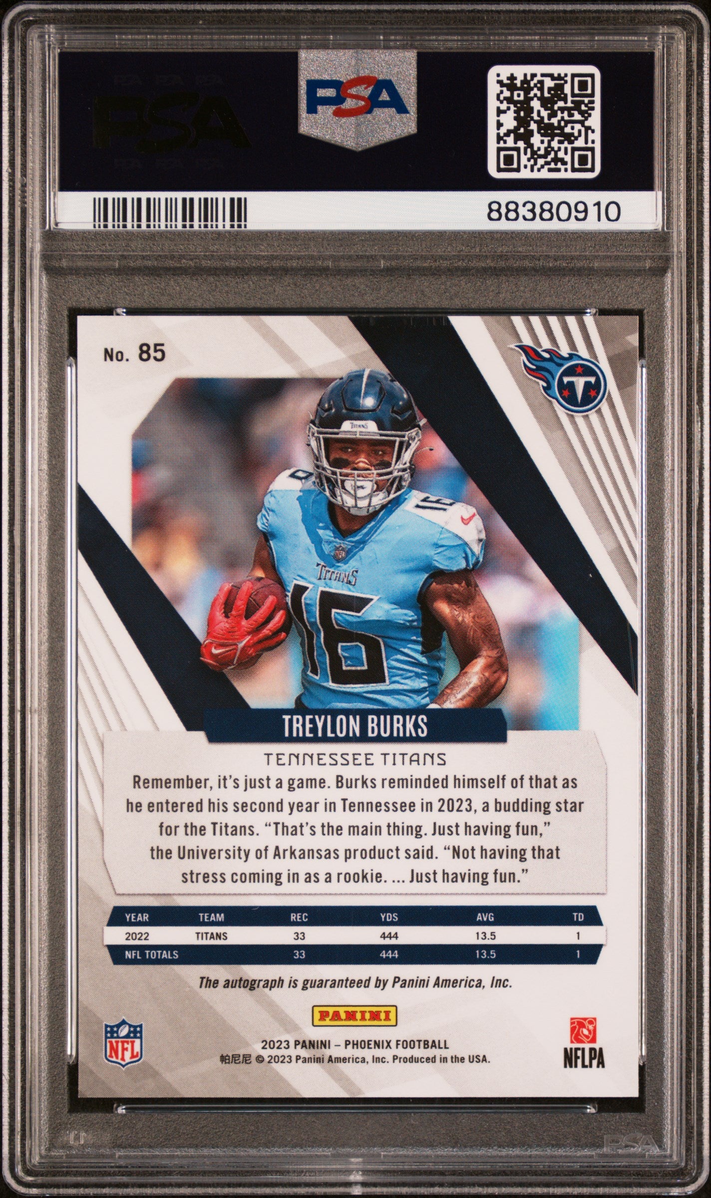 2023 Panini Phoenix Treylon Burks #85 Autograph Silver PSA 9