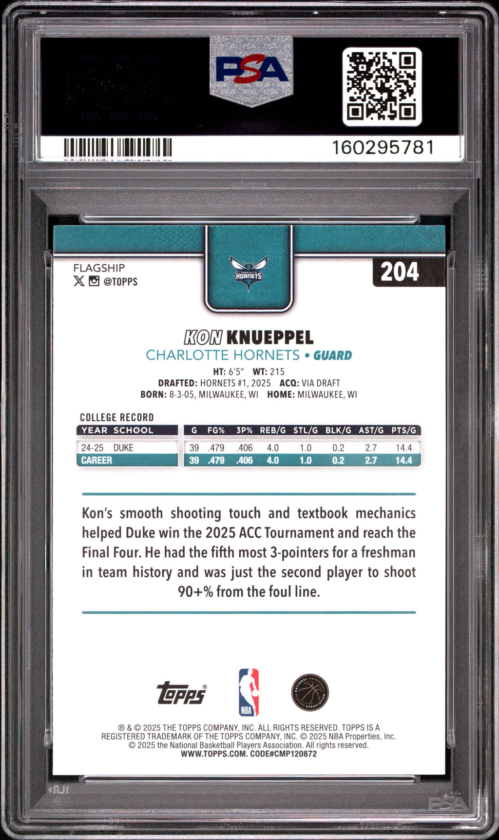2025 Topps Kon Knueppel #204 Holo Foil Parallel/Variety Rookie PSA 10