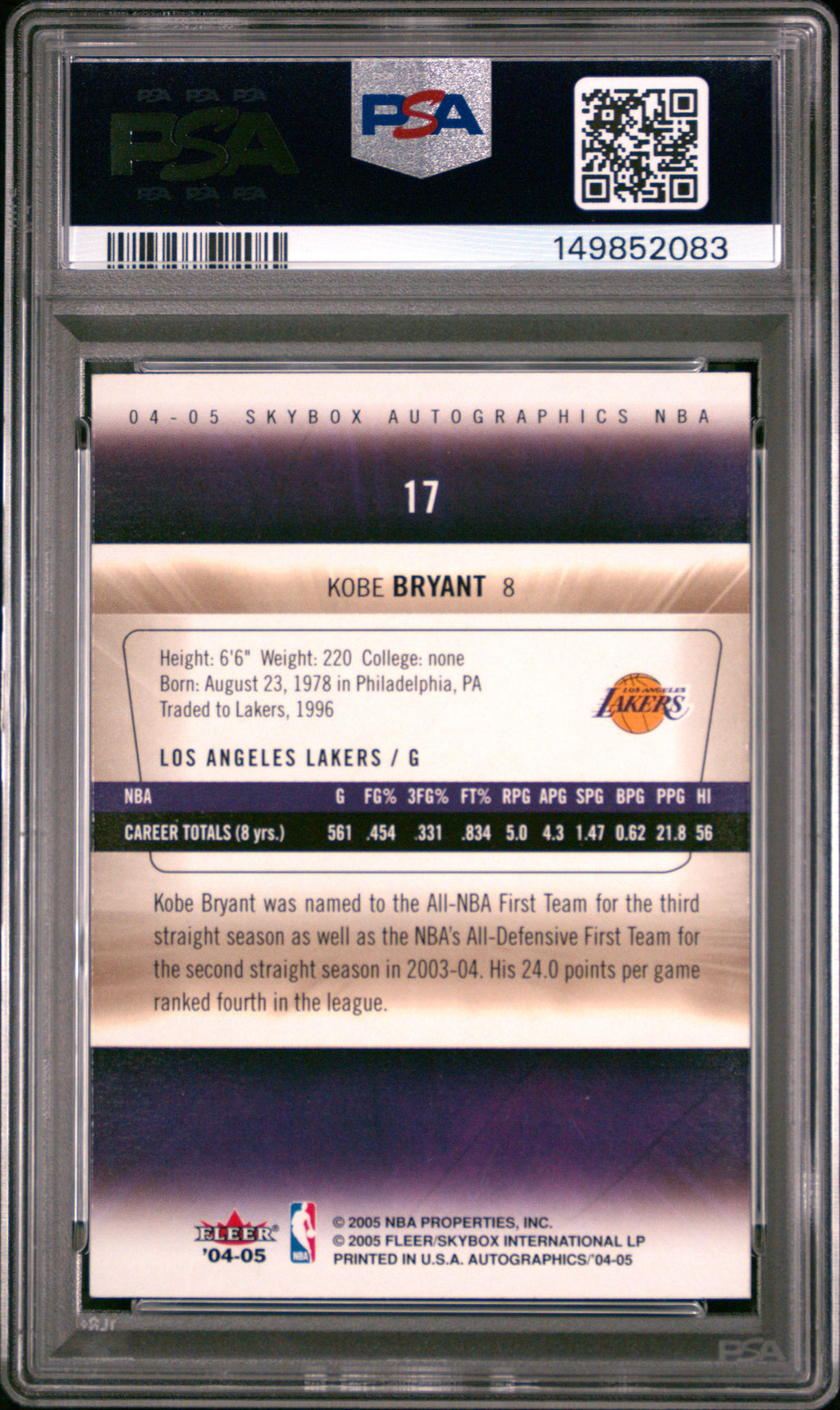 2004 Skybox Autographics Kobe Bryant #17 PSA 7