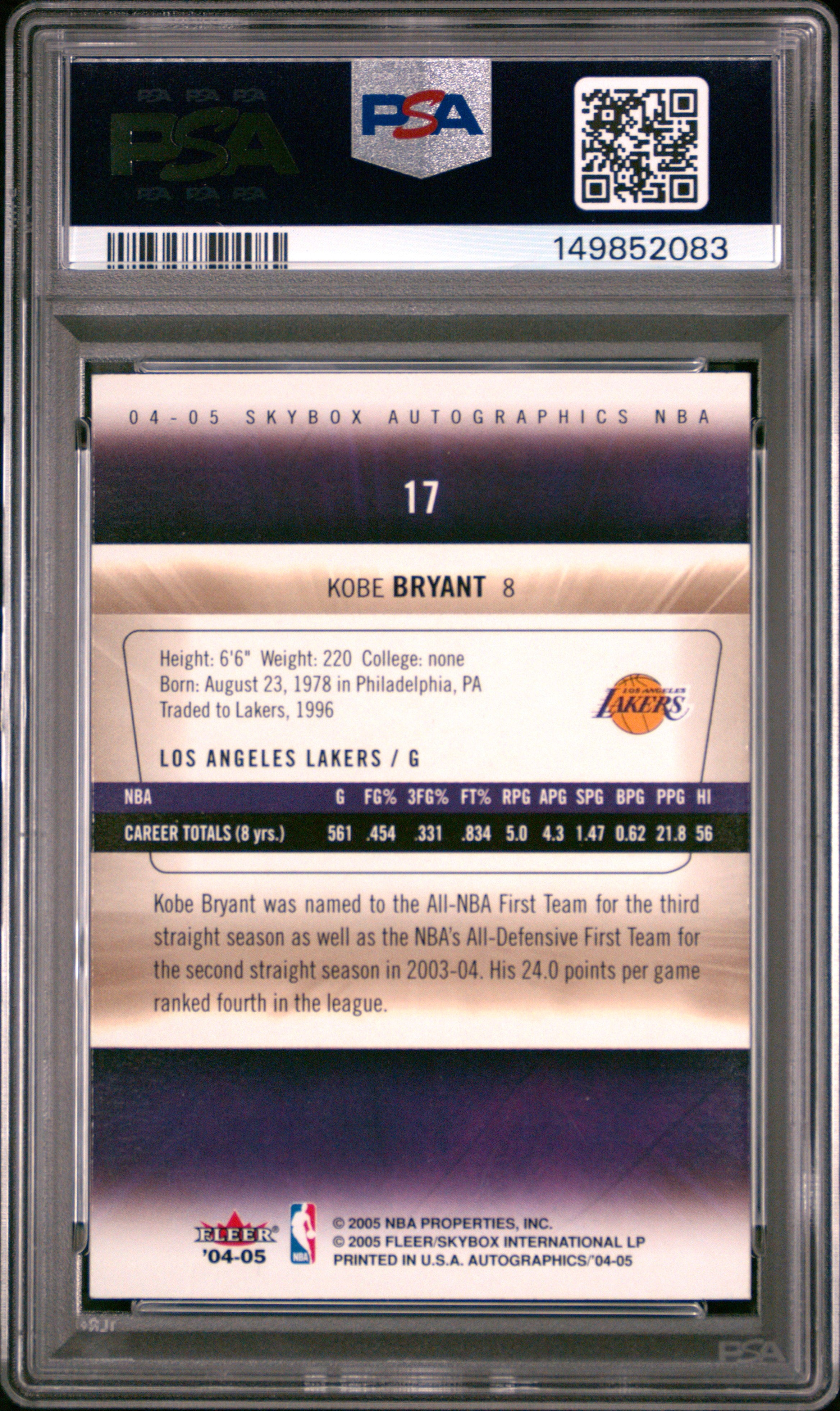 2004 Skybox Autographics Kobe Bryant #17 PSA 7