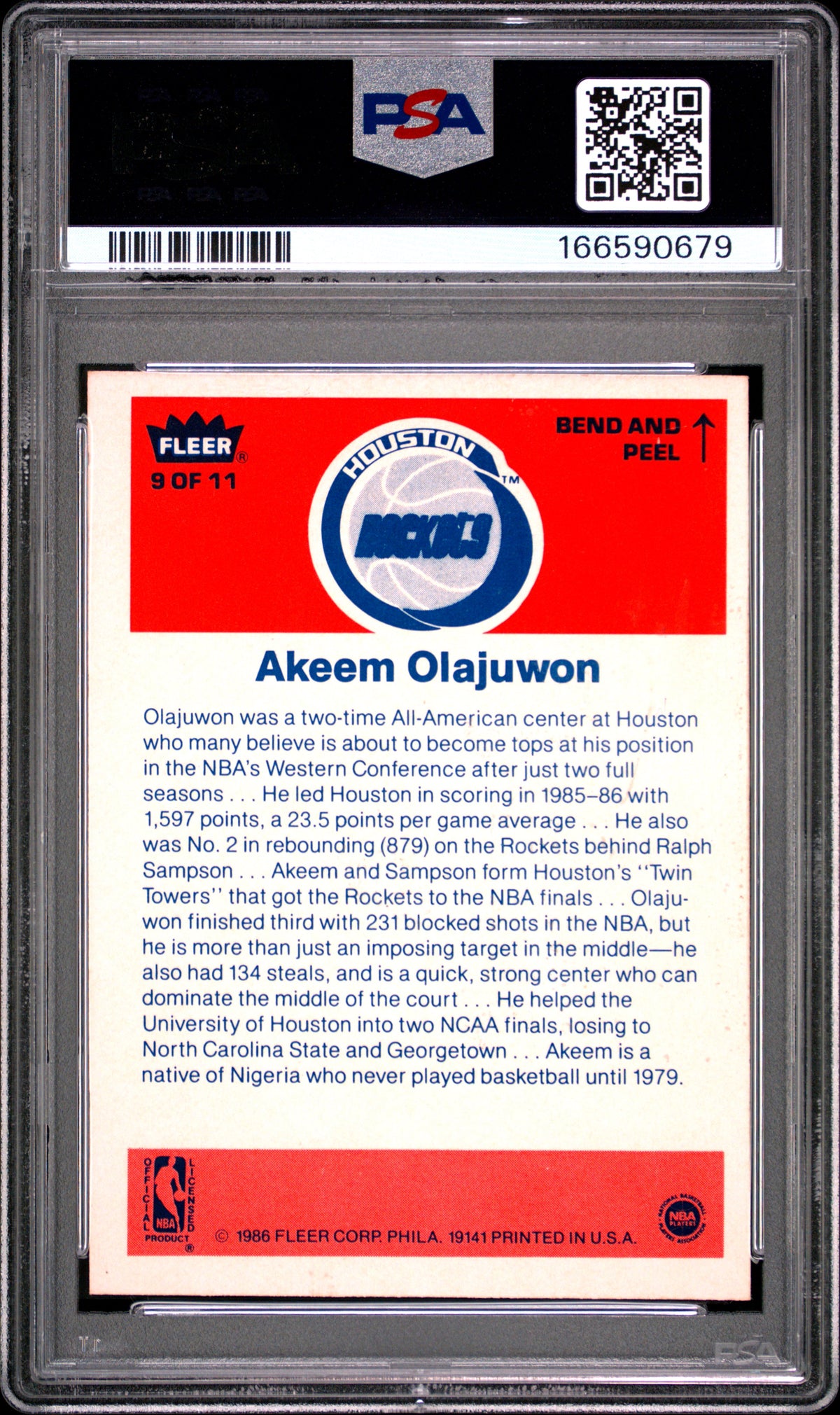 1986 Fleer Sticker Akeem Olajuwon #9